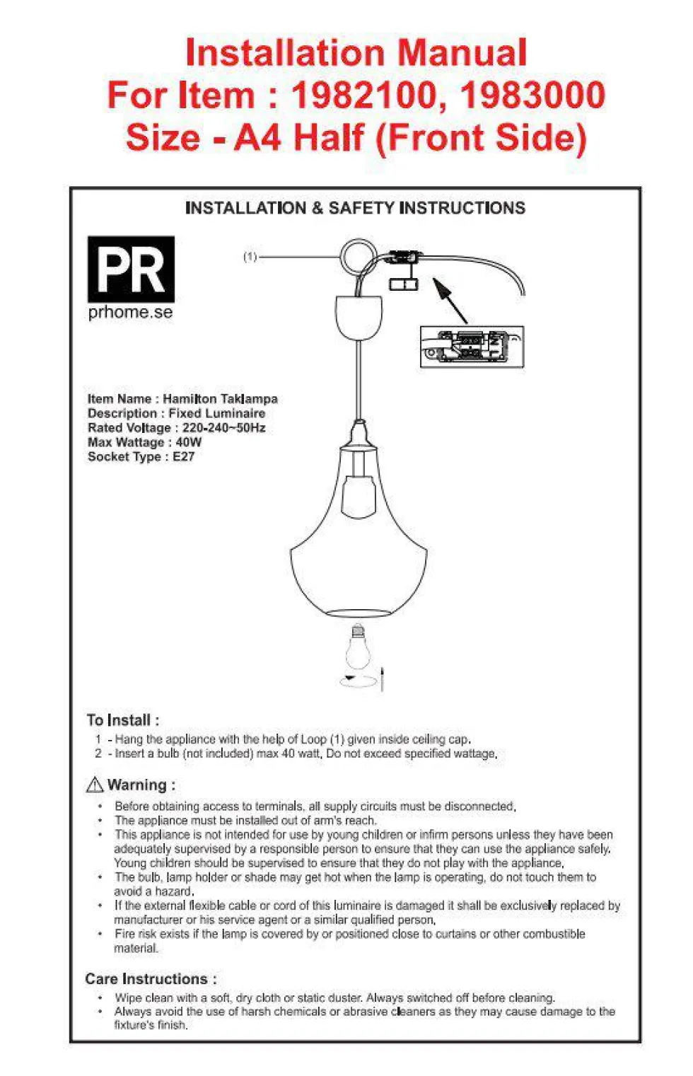 Hamilton Ø30 taklampa